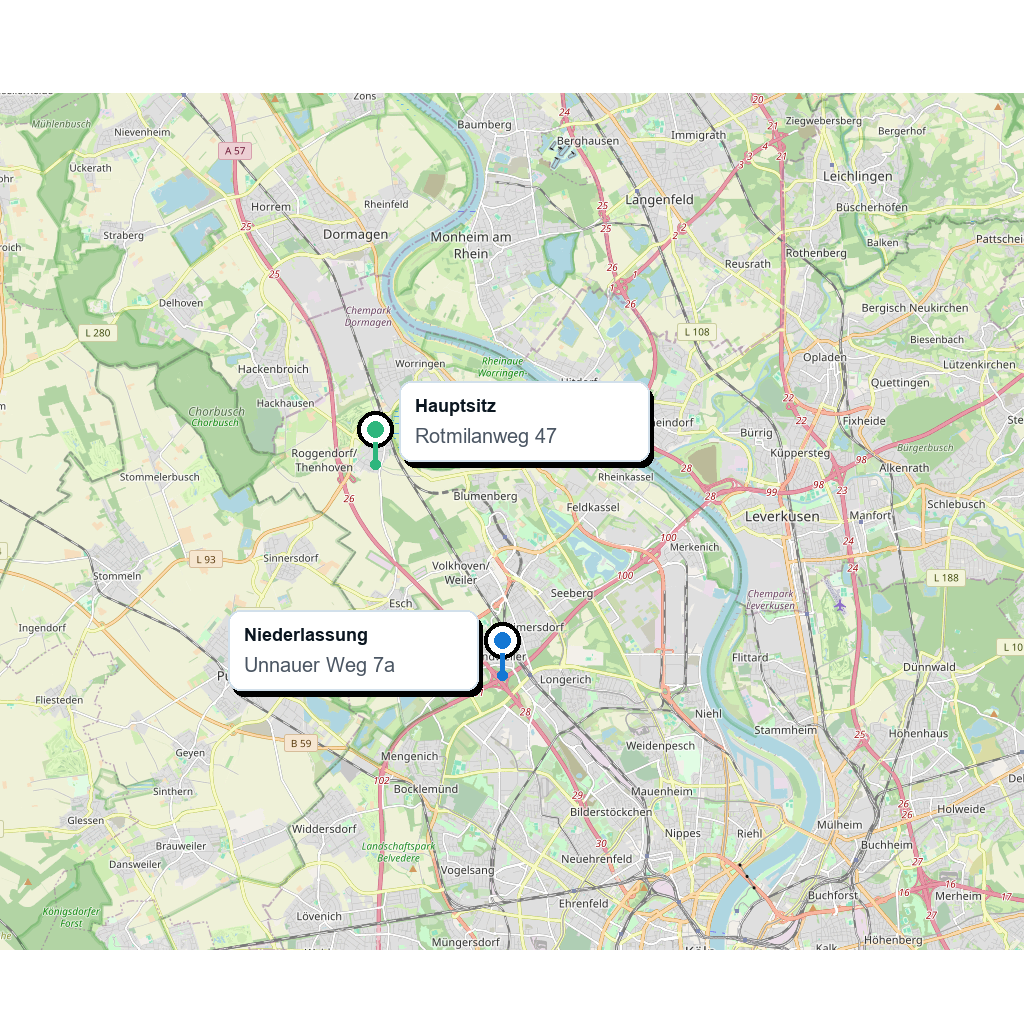 Karte des Kölner Nordens mit Rhein, Autobahnen und markierten eXzentra-Standorten Rotmilanweg 47 und Unnauer Weg 7a